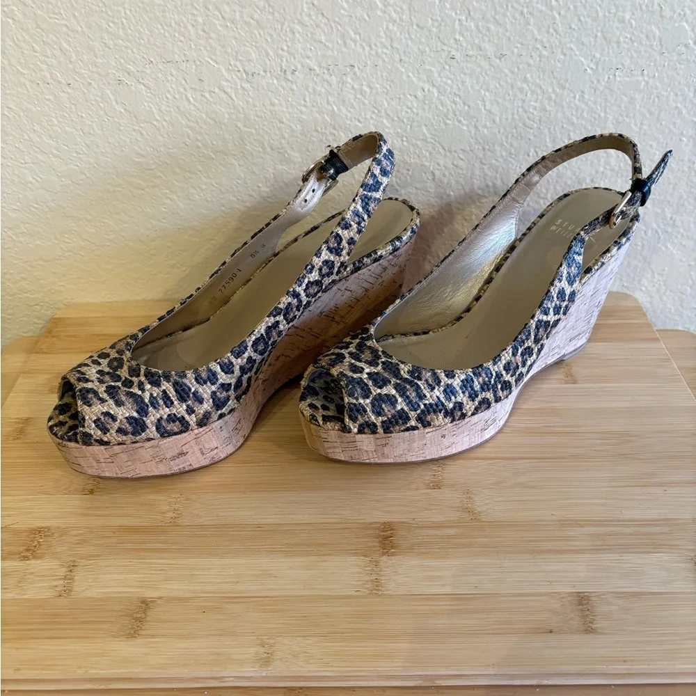Stuart Weitzman Woven Leopard-Print Cork Slingback Wedges 8.5 Narrow - Picture 4 of 10